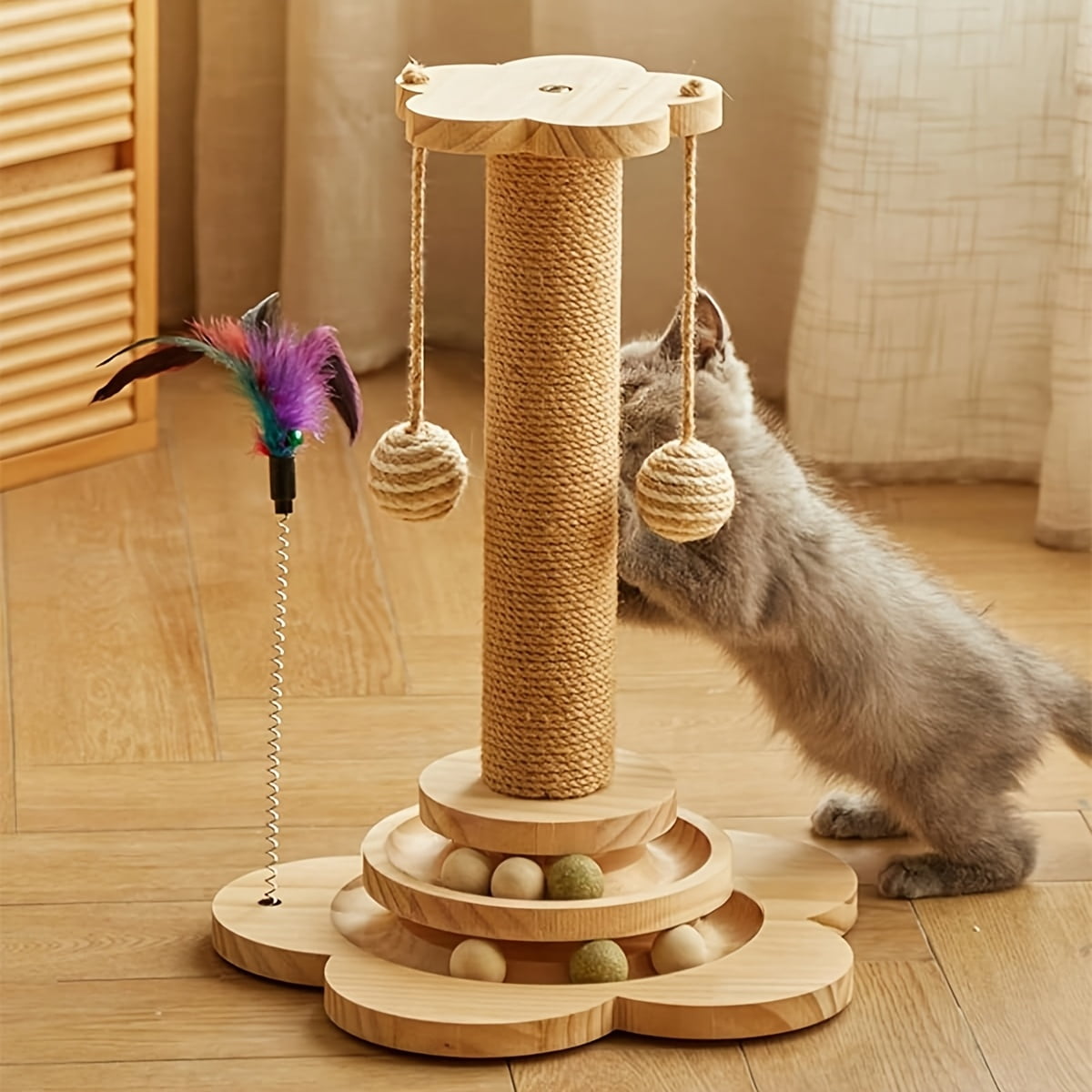 4-in-1 Indoor Cat Activity Center, Wooden Scratching Post 15.7" with Horizontal Ball Tracks, Feather Toy & Sisal Suspension Balls – Kitten & Adult Cat Toy