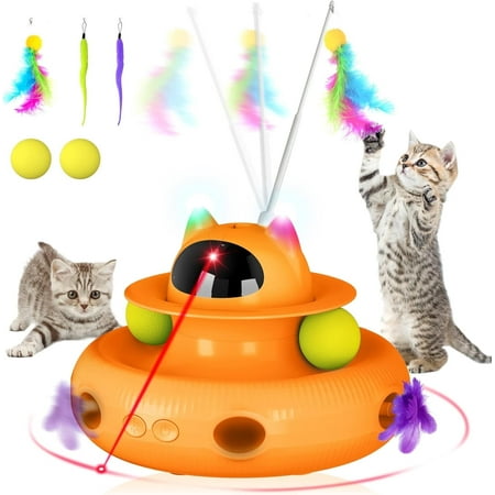 Cornmi 4-in-1 Indoor Interactive Cat Toy, Retractable Laser & Feather, USB Rechargeable, Orange