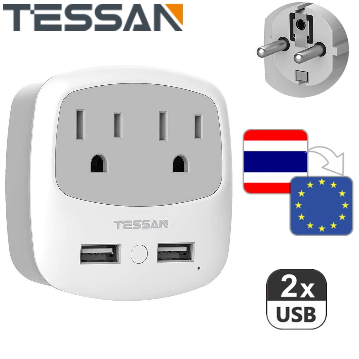 4 in 1 Inputs Wall Outlet Adapte,2 USB Ports 2 AC Outlets, US to Europe