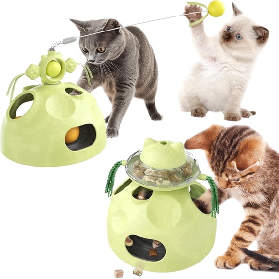 4-in-1 Interactive Cat Puzzle Toy - Hide and Seek Whack-A-Mole Game, Spinning Treat Dispenser & Slow Feeder with Spring Teaser Wand for Indoor Cats