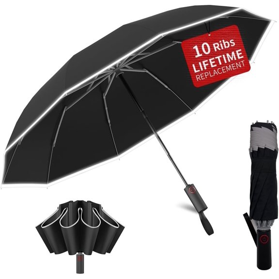 4-in-1 Inverted Travel Umbrella Compact, Automatic Large Umbrellas for Rain & Sun, Portable Windproof Umbrella for Backpack, Reverse Folding Umbrella for UV with Reflective Strips,Lightweight