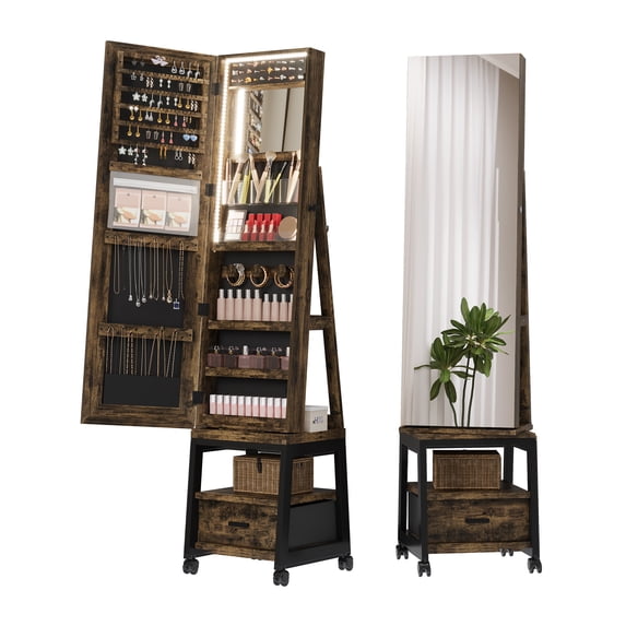 4-in-1 Jewelry Cabinet with Large Storage Capacity, Rotatable Full Length Mirror with Jewelry Storage, Lockable Floor Standing Jewelry Armoire Organizer with Drawer and Wheels