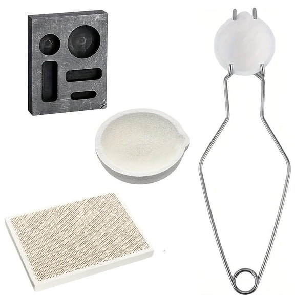 4-in-1 Jewelry Casting & Melting Tool Set Graphite Ingot Mold, Ceramic Crucible, Stainless Steel Tongs, and Heat-Resistant Soldering Board for Gold, Silver, and Metal Crafting