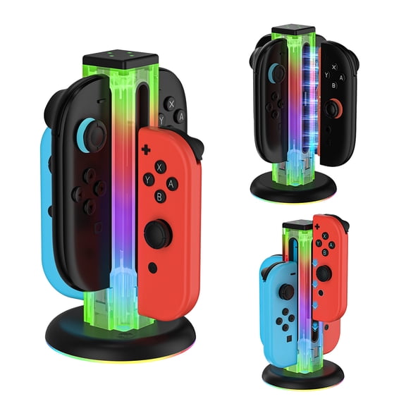 4-in-1 Joy-Con Charging Dock for Nintendo Switch 2/Switch/OLED - RGB Colorful LED Indicator Charging Station with USB-C Cable, Overcharge Protection