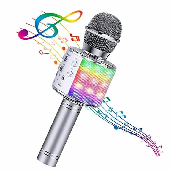 4 in 1 Karaoke Wireless Microphone with LED Lights,Portable Microphone for Kids,Great Gifts Toys for Kids,Girls,Boys and Adults (Silver)