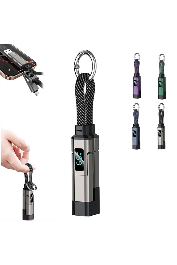 4-in-1 Keychain Charging Cable, 65W Fast Charge Multi-Connector Data Cord with Digital Display, Short Lanyard Cable for Type-C and Mobile Devices
