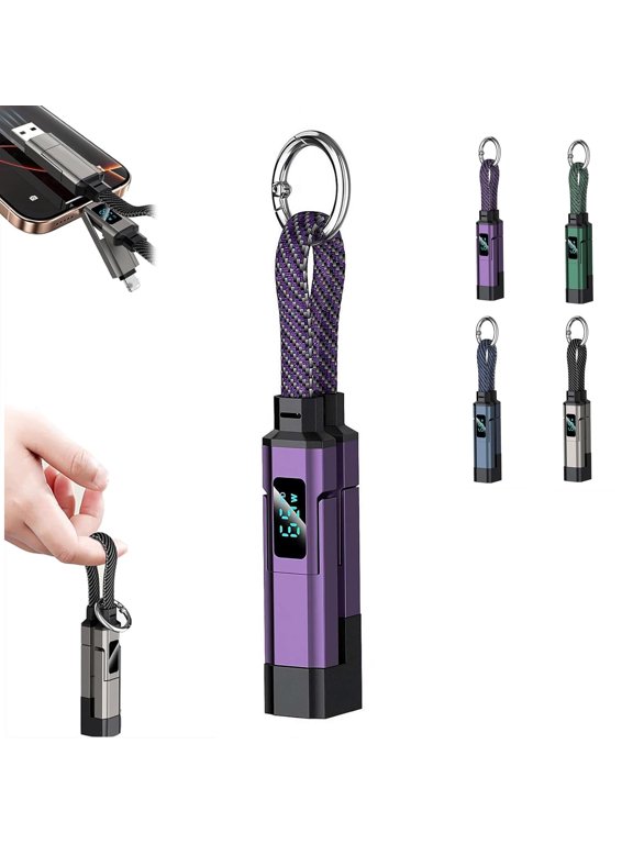 4-in-1 Keychain Charging Cable, 65W Fast Charge Multi-Connector Data Cord with Digital Display, Short Lanyard Cable for Type-C and Mobile Devices