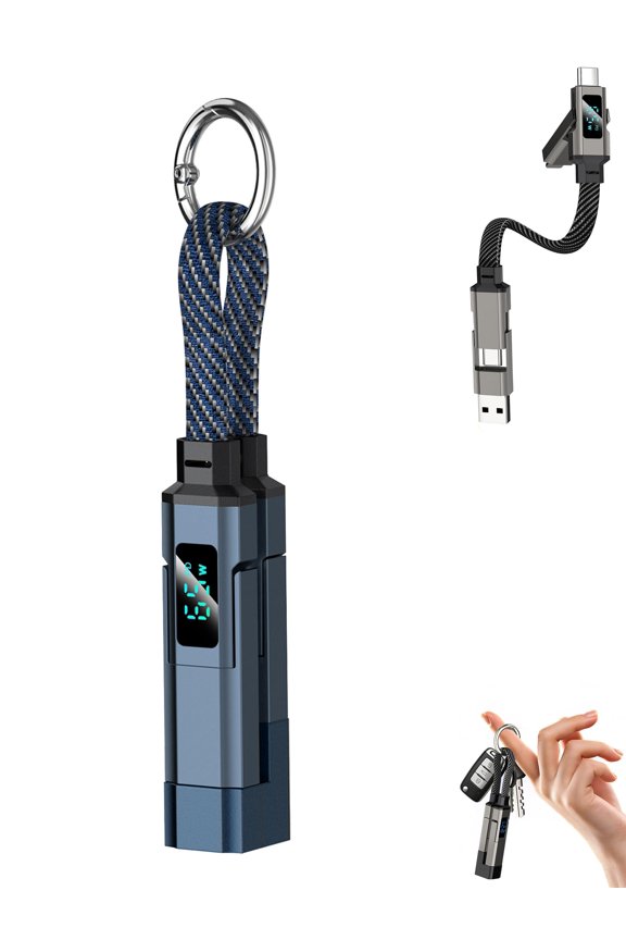 4-in-1 Keychain Charging Cable with Digital Display, Short Braided Fast Charging Cable for Phone, Tablet, Laptop, Travel and Everyday Carry