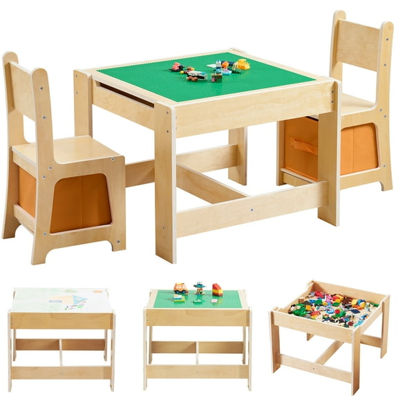 4-in-1 Kids Activity Table with 2 Chairs & Storage Bins, Sturdy Pine Wood Plywood, Reversible Tabletop for Building Blocks, Drawing, Study & Organization, Toddler Play Desk for Playroom & Nursery