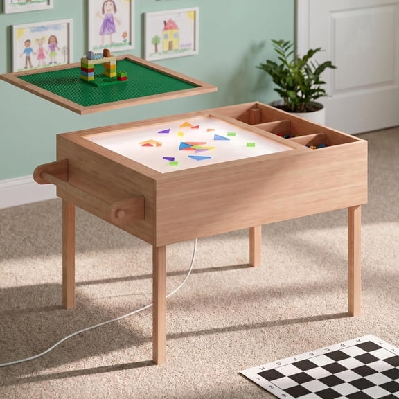 4-in-1 Kids Activity Table with Storage, LED Light Table Panel, Paper Roll Holder & Chess Mat - Solid Wood Sensory Play Table, Building Block & Art Station for Ages 3+