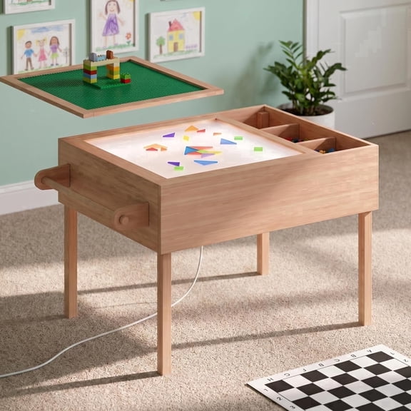 Melidee Kids 4-in-1 with Storage, LED Light Table Panel, Paper Roll Holder & Chess Mat Activity Table, Off-White
