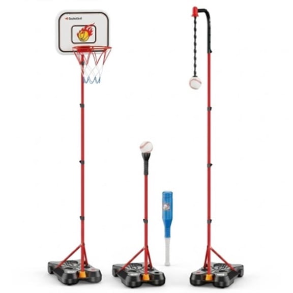 Hurtle 4-in-1 Kids Basketball Hoop Set with T-Ball Stand Adjustable Indoor/Outdoor Sports Toy for Kids Ages 2-8, Easy Setup with Durable Base & Multi-Game Play