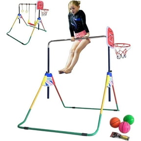 4-in-1 Kids Jungle Gym: Monkey Bar Playground, Horizontal Gymnastics Bar, Deluxe Swing Set, Trapeze Rings, Basketball Net - Adjustable & Foldable