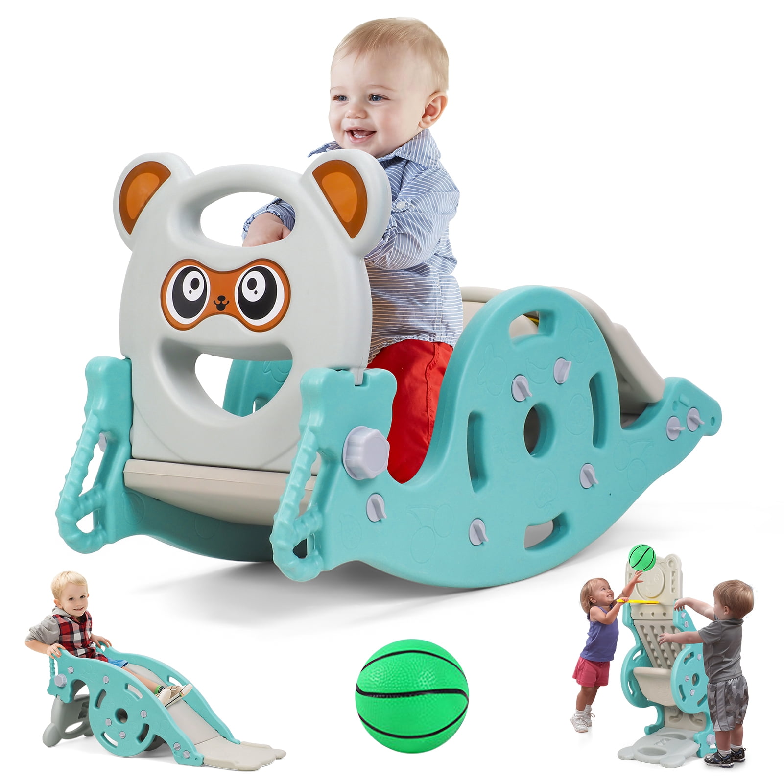 Slide Rocker Outside 4-in-1 Kids Slide Rocking Horse Toy with Basketball Hoop, Portable ...