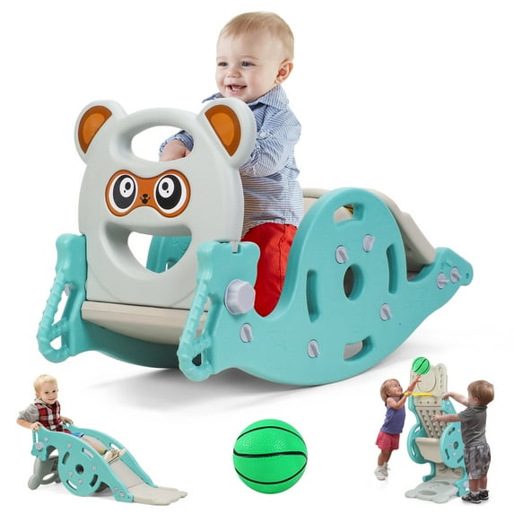 4-in-1 Kids Slide Rocking Horse Toy with Basketball Hoop, Portable Convertible Playset for Toddlers and Children Ages 1-6, Safe Indoor Outdoor Slide and Rocker