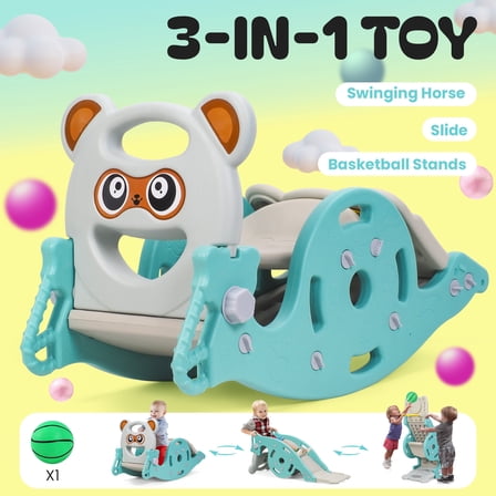 4-in-1 Kids Slide Rocking Toy, Convertible Indoor/Outdoor Playset with Basketball Hoop for Toddlers Age 1-6, Pink or Green