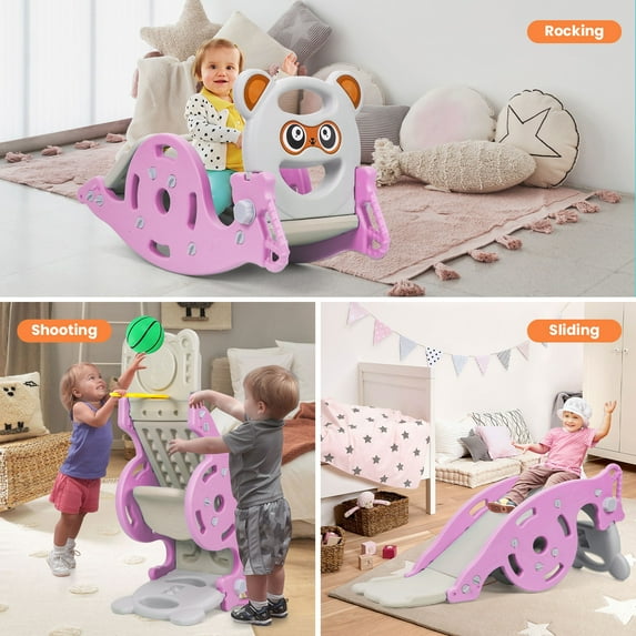 4-in-1 Kids Slide Rocking Toy, Portable Combination Slide for Children, Rocking Horse with Basketball Hoop, Convertible Freestanding Slide for Age 1-6 Boys And Girls-Pink