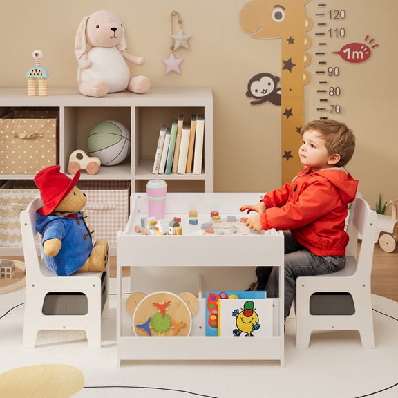 Kids Table and Chairs Set 4-in-1, Noelse Kids Table with Removable Tabletop Storage, Toddler Craft Table for Playing Studying Drawing Eating, Kids Table Set for Kids Room Playroom and Living Room