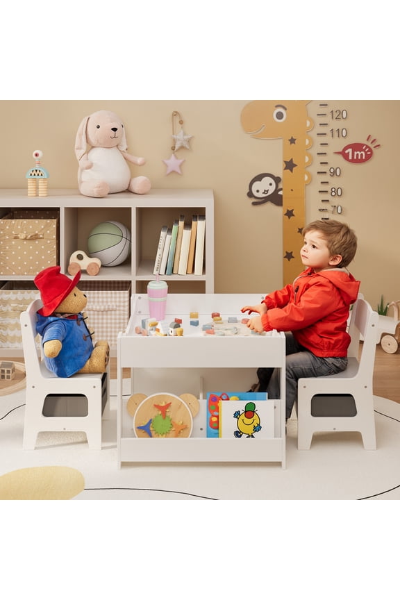 Kids Table and Chairs Set 4-in-1, Noelse Kids Table with Removable Tabletop Storage, Toddler Craft Table for Playing Studying Drawing Eating, Kids Table Set for Kids Room Playroom and Living Room