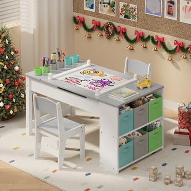 Noelse Kids Art Table and Chairs with Removable Tabletop Storage,Toddler Craft Table and Chair Set for Drawing Studying Playing Wooden Kid Acitivity Table in Playroom Kids Room Living Room, Gray