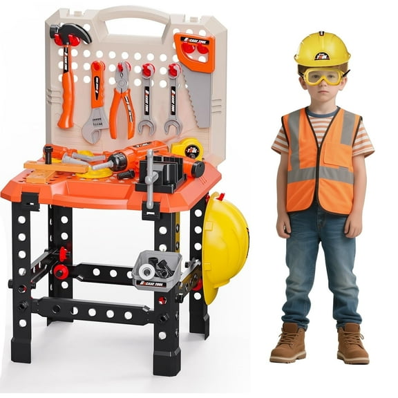 4-in-1 Kids Tool Bench Set with Electric Drill & 90PCS Accessories Portable Workbench with Storage, Learning Construction Toy for Ages 3-8