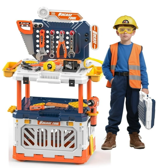 4-in-1 Kids Tool Bench with Electric Drill - 90PC Construction Toy Set with Storage, STEM Learning Workbench & Portable Toolbox Gift for Ages 3-8