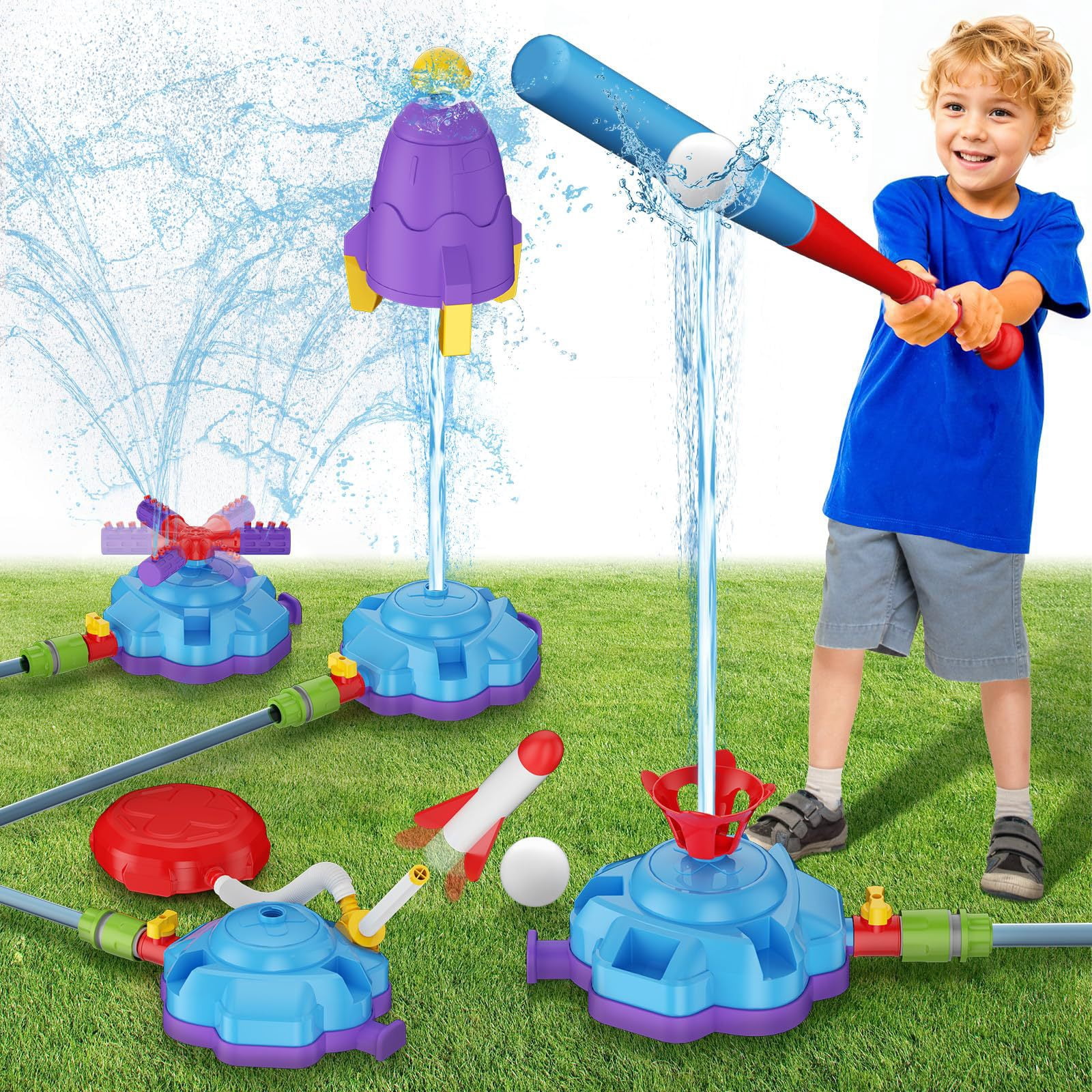 4-in-1 Kids Water Sprinkler Toys, Summer Outdoor Water Baseball/360° Rotating Sprinkler/Stomp Rocket/Rocket Launcher for Backyard Outdoor Summer Toys for Boys Girls