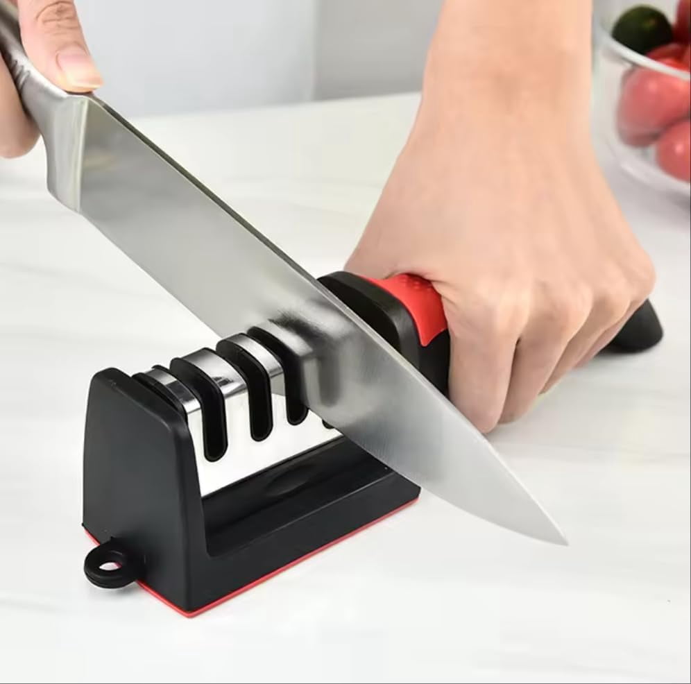 4-in-1 Kitchen Knife Accessories: 4-Stage Knife Sharpener Helps Repair, Restore, Polish Blades and Cut-Resistant Glove (Black & Red)