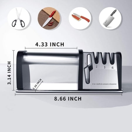 4-in-1 Kitchen Knife Sharpener with Ergonomic Handle, Professional Manual Blade Sharpening Tool for Straight, Serrated Knives & Scissors – Non-Slip Base, Quick & Safe Edge Restorer for Home Chefs