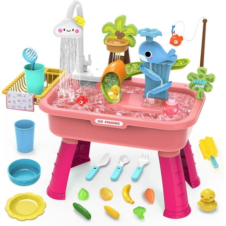 4-in-1 Kitchen Play Sink with Running Water - Electric Water Table for Kids 3-8, Color-Changing Accessories, Cloud Faucet & 30+ Toy Set - Toddler Pretend Play Toy