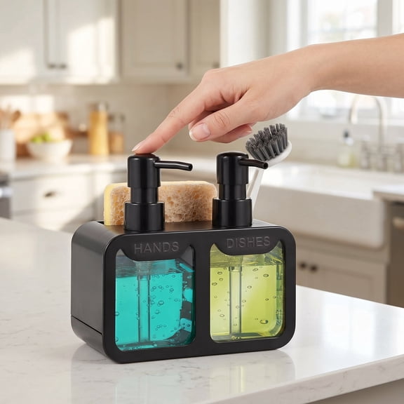 4-in-1 Kitchen Soap Dispenser Set with Hand and Dish Soap, Sponge Caddy, and Brush Holder – Dual Soap Dispenser for Kitchen Sink & Bathroom, Black