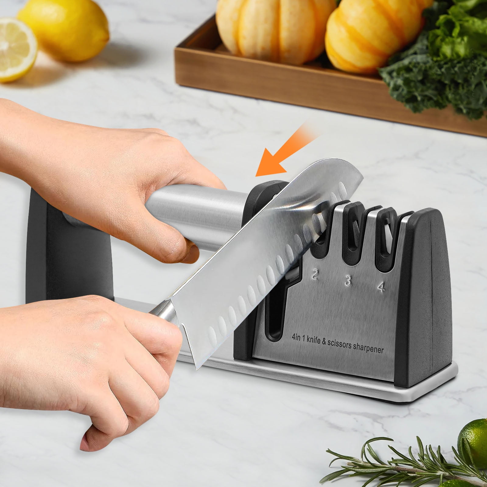 4-in-1 Knife Sharpener for Kitchen & Scissors – Tungsten Steel, Diamond & Ceramic Slots, Ergonomic Handle, Non-Slip Base, Easy to Use & Clean