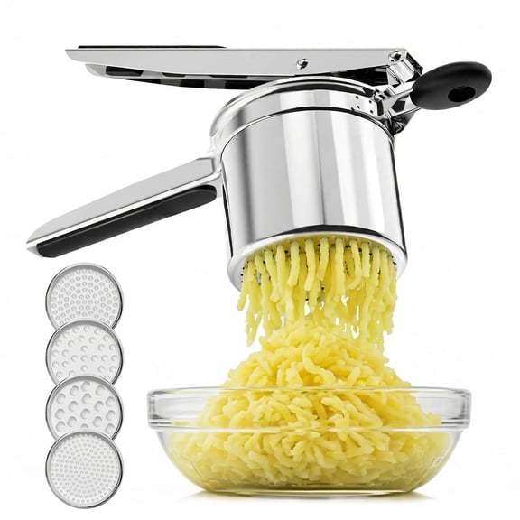 4-in-1 Large 15oz Potato Ricer & Masher, Heavy Duty Stainless Steel Potato Masher with 4 Interchangeable Discs, Ricer for Mashed Potatoes, Gnocchi, Noodles & Fresh Pasta.