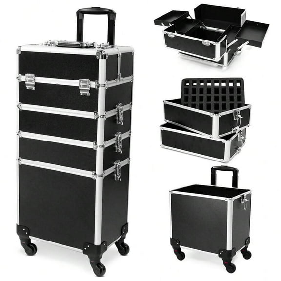 4-in-1 Large Capacity Roller Makeup Case - Professional Beauty Trolley Bag - Travel Makeup Storage Box