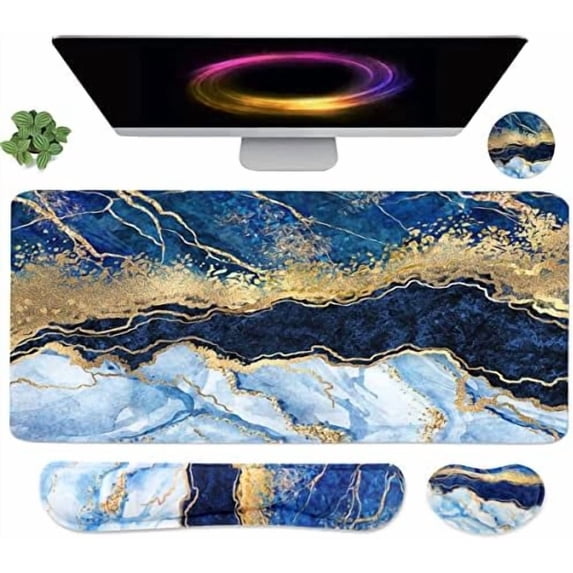 4-in-1 Large Gaming Mouse Pad, Keyboard Wrist Rest Pad & Wrist Support Mousepad Set, Extended Desk Pad Waterproof Desk Mat for Home Office Study Game - Blue Gold Marble