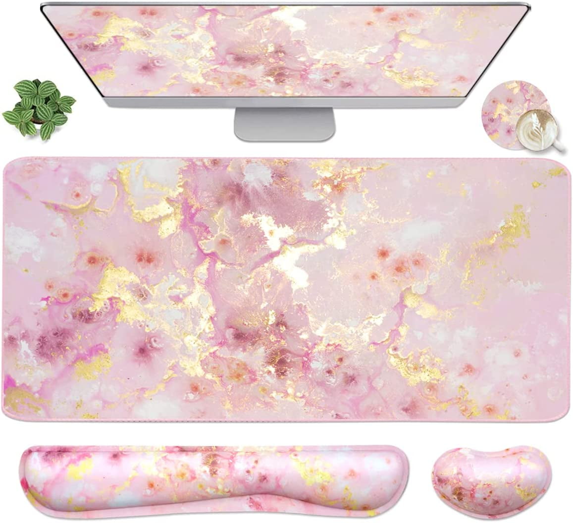 4-in-1 Large Gaming Mouse Pad, Keyboard Wrist Rest Pad & Support Mousepad Set, Extended Desk Waterproof Mat for Home Office Study Game-Pink Gold Marble