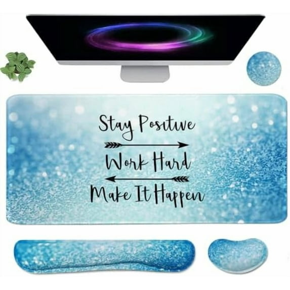 4-in-1 Large Gaming Mouse Pad, Keyboard Wrist Rest Pad & Wrist Support Mousepad Set, Extended Desk Pad Waterproof Desk Mat for Home Office Study Game - Stay Positive