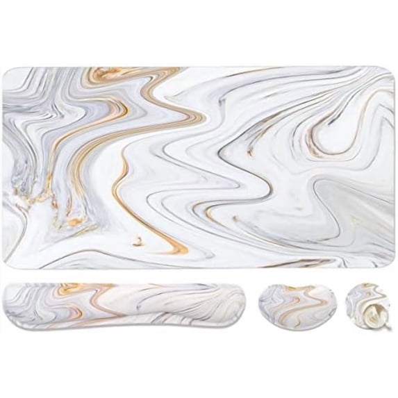 4-in-1 Large Gaming Mouse Pad, Keyboard Wrist Rest Pad & Wrist Support Mousepad Set, Extended Desk Pad Waterproof Desk Mat for Home Office Study Game - White Marble