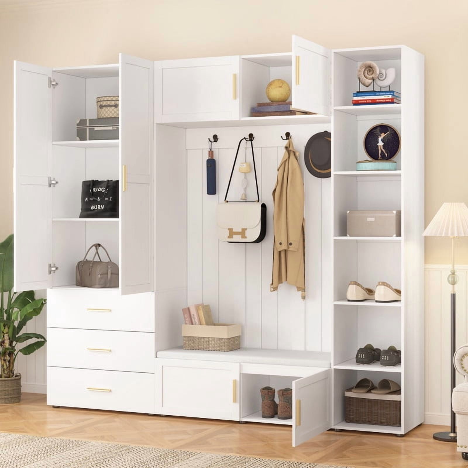 4-in-1 Large Hall Tree with Padded Shoe Bench, Storage Wardrobe Organizer Unit with Cabinets, Hooks, Drawers and Adjustable Shelves