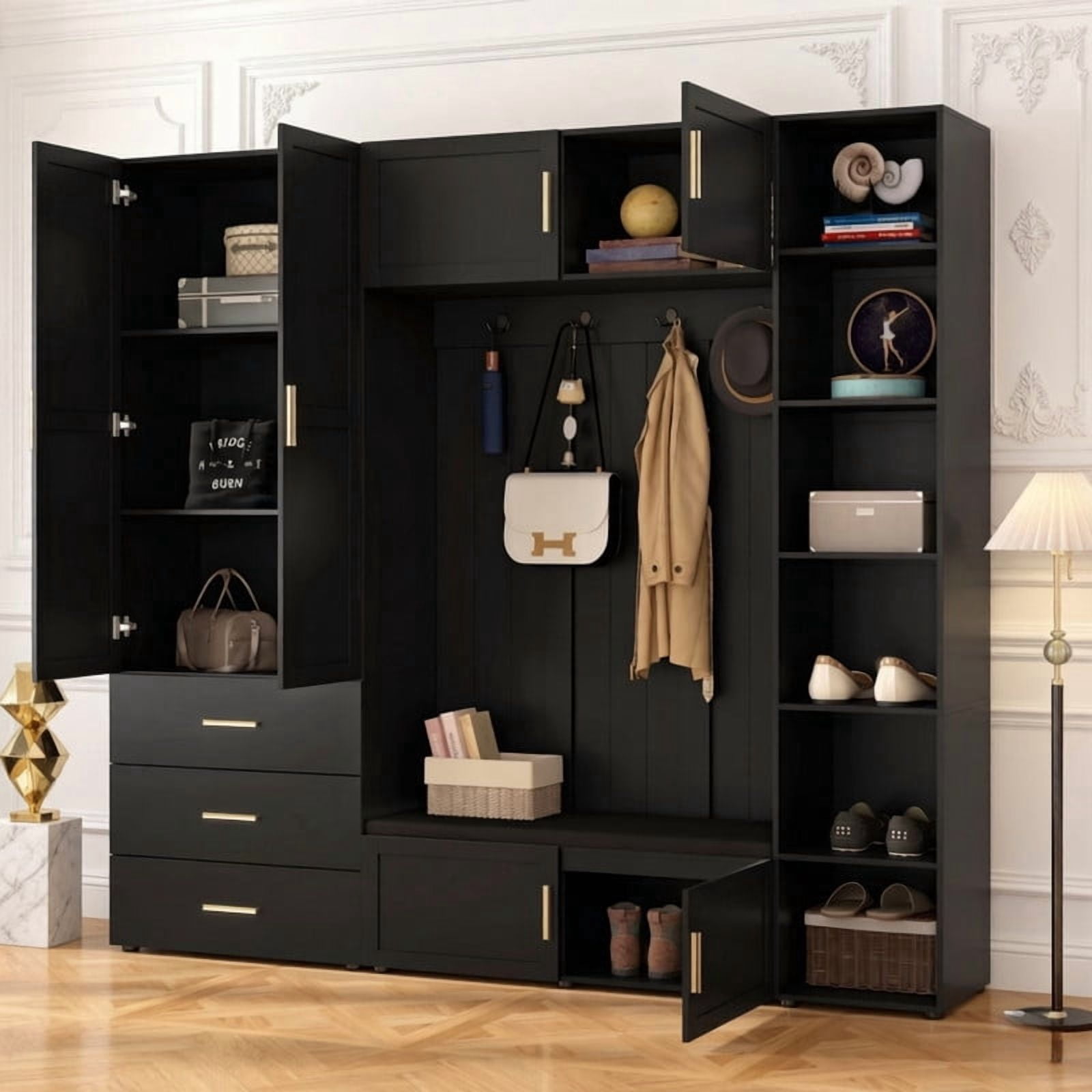 4-in-1 Large Hall Tree with Padded Shoe Bench, Storage Wardrobe Organizer Unit with Cabinets, Hooks, Drawers and Adjustable Shelves