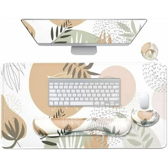 4-in-1 Large Mouse Pad, Keyboard Wrist Rest Pad & Wrist Support Mousepad Set, Extended Desk Pad Waterproof Desk Mat for Home Office Study Game - Leave