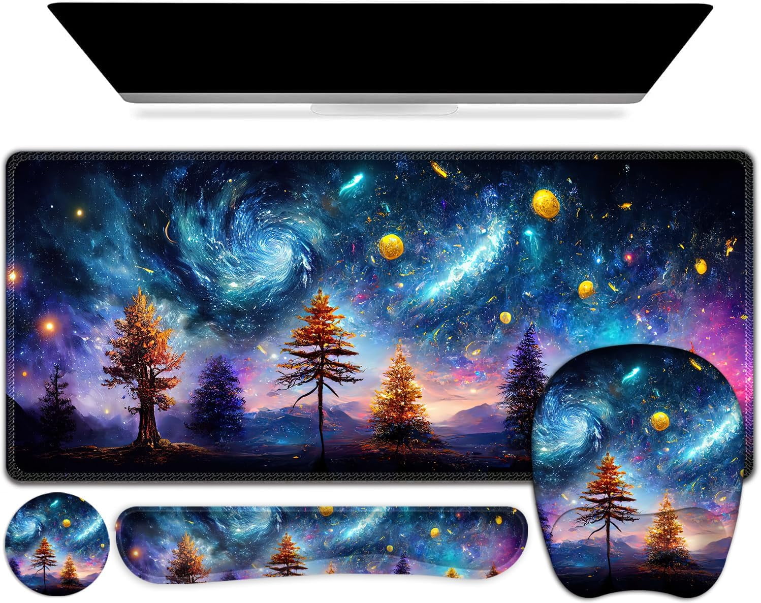 4 in 1 Large Mouse Pad, Keyboard Wrist Rest Set, Ergonomic, Non-slip, Waterproof, Colorful World