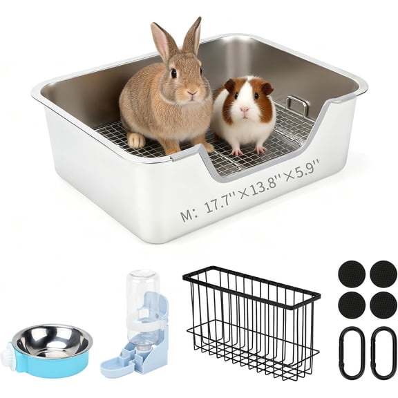 4-in-1 Large Rabbit Litter Box, Non-Slip Stainless Steel Litter Boxes with Sifting Grid & Hay Feeder Food Bowl, Easy Cleaning Bunny Litter Box with Odor Control for Rabbits Small Pets（M）