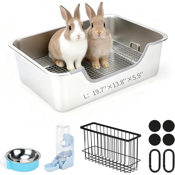 4-in-1 Large Rabbit Litter Box, Non-Slip Stainless Steel Litter Boxes with Sifting Grid & Hay Feeder Food Bowl, Easy Cleaning Bunny Litter Box with Odor Control for Rabbits Small Pets(L)