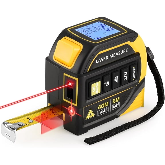 4-in-1 Laser Tape Measure - Class 2, 131FT Laser Distance Meter, 16FT AutoLock Tape Measure, Cross-Line Laser Level, Dual-Axis Electronic Angle, LCD Display, for DIY, Construction Projects