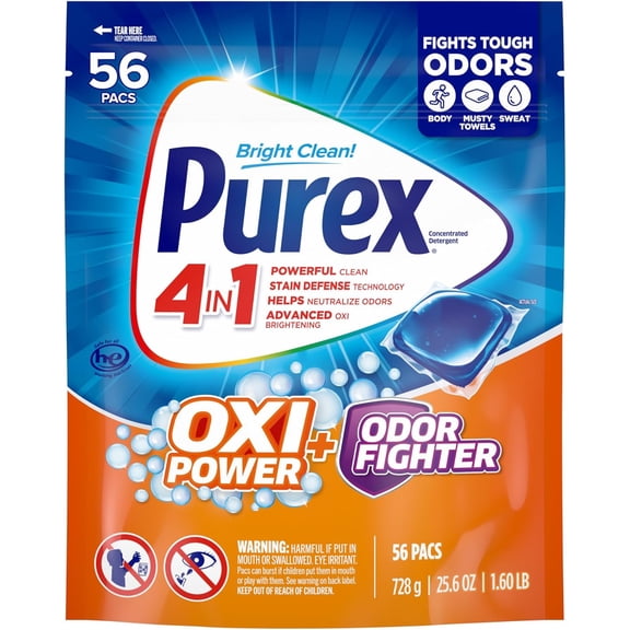4-in-1 Laundry Detergent Pacs, Oxi Power + Odor Fighting, Powerful Clean, Stain Defense Technology, Helps Neutralize Odors, Advanced Oxi Brightening, Boost of Freshness