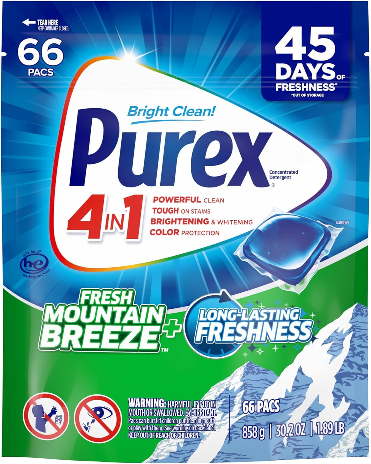 4-in-1 Laundry Deternt Pacs, Mountain Breeze, 66 Count, Brightening and ...