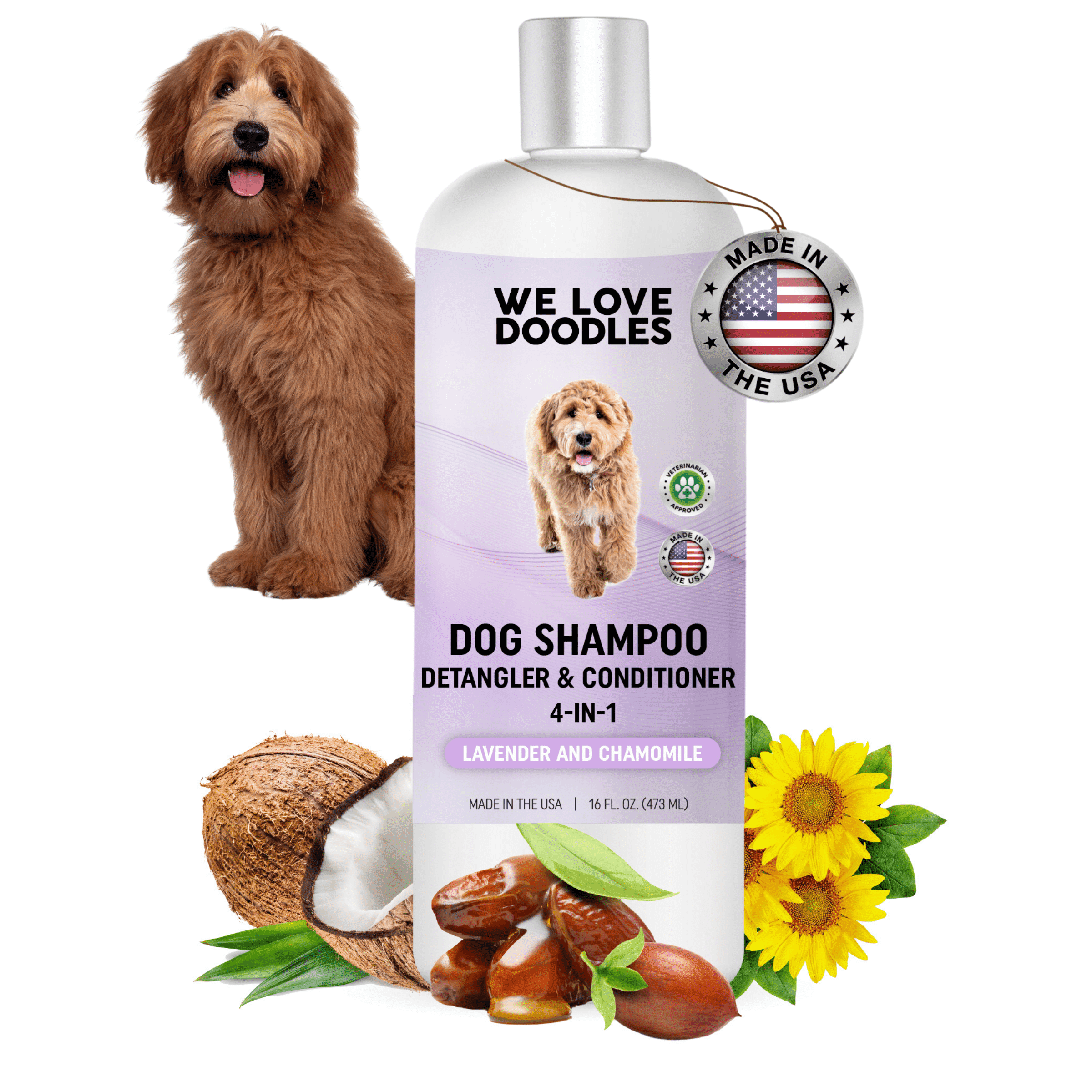 4-in-1 Lavender & Chamomile Dog Shampoo Dog Shampoo, Conditioner & Detangler - Best Shampoo for Goldendoodles, Poodles & Doodles - For Matted Pet Hair - Made In The USA, 16OZ [Non-Organic]