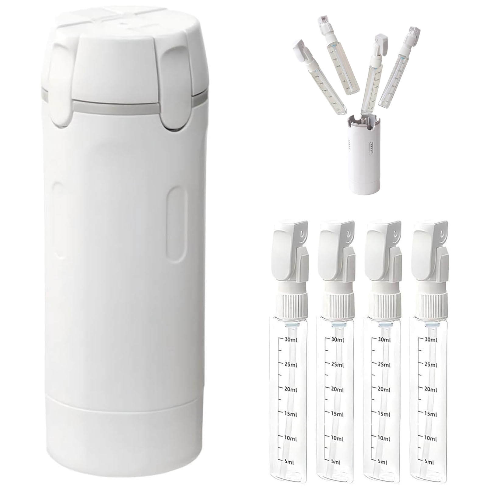 4-in-1 Leakproof Rotatable Travel Dispenser Set, Portable Travel Toiletries Bottle Set with Scale Label, Push-Down Dispenser, for Flights Gym Bag Weekends Away (White)