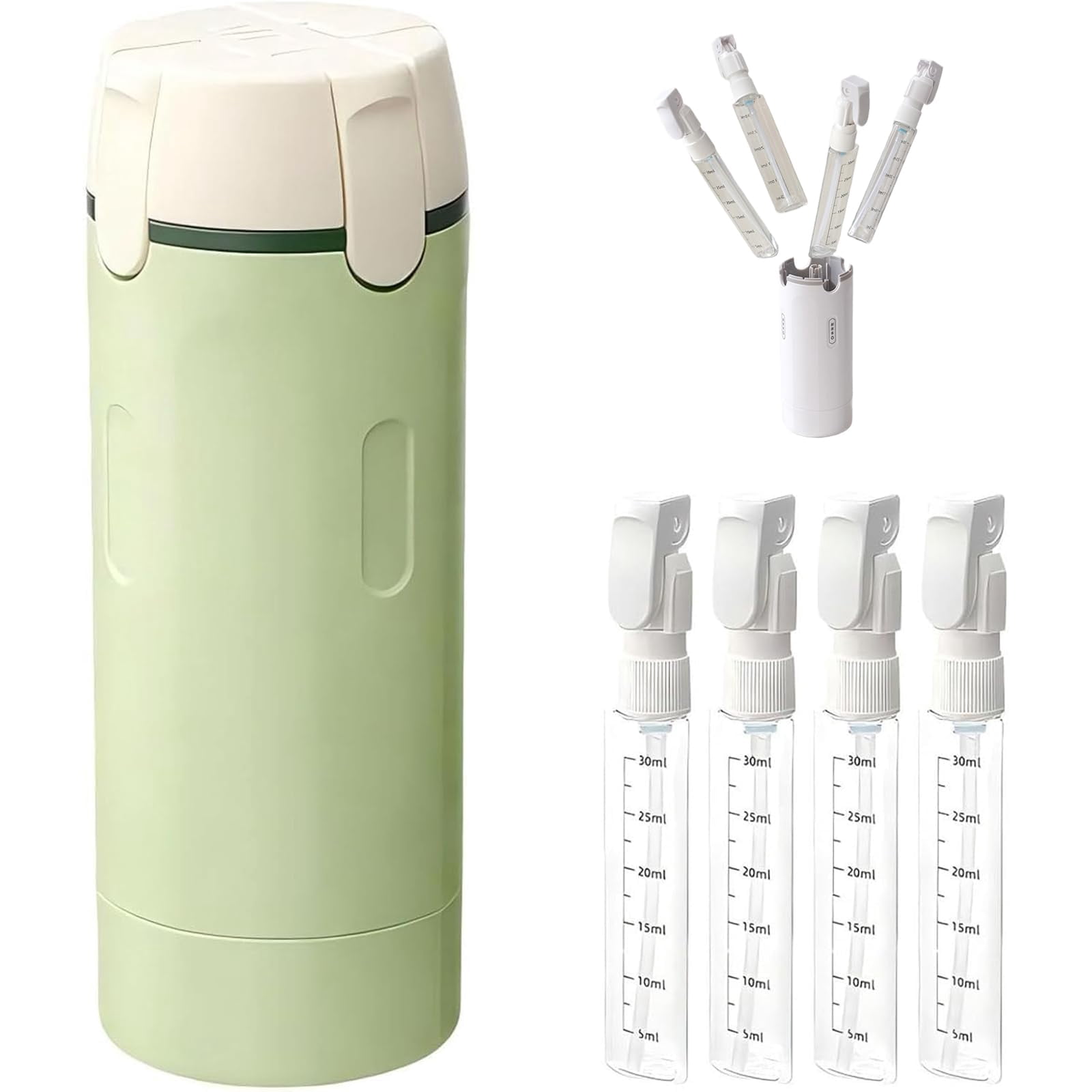4-in-1 Leakproof Rotatable Travel Dispenser Set, Portable Travel Toiletries Bottle Set with Scale Label, Push-Down Dispenser, for Flights Gym Bag Weekends Away (White)